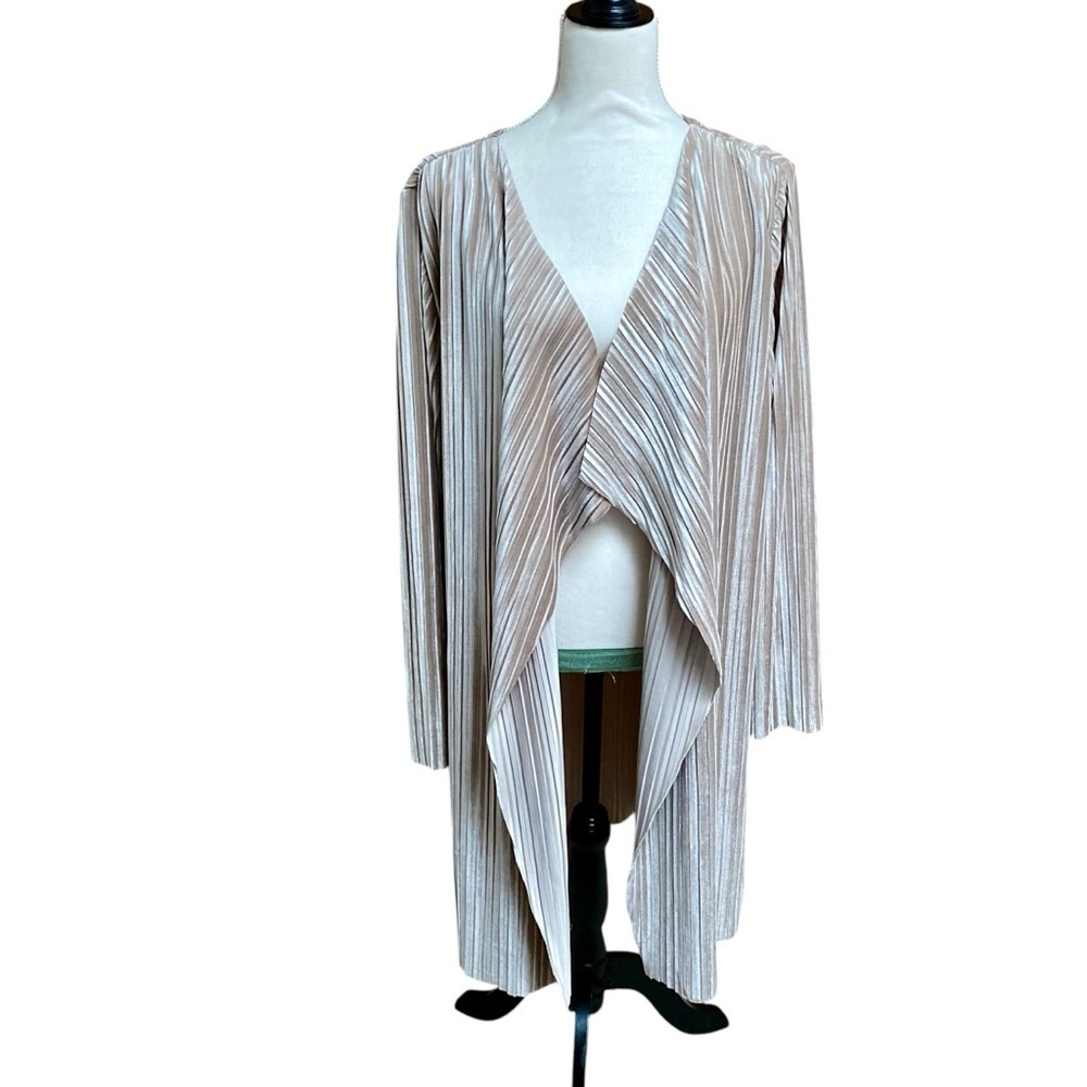 Chico’s Size 3 XL Velvet Pleated Duster Cardigan Champagne Open Front NWT